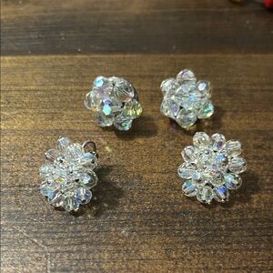 2 Vintage 1950s Laguna Clip On Earrings Aurora Borealis Crystal Bead Silver Tone